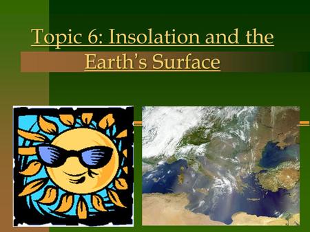 Topic 6: Insolation and the Earth ’ s Surface. Insolation- The portion of the Sun ’ s radiation that reaches the Earth INcoming SOLar RadiATION Angle.