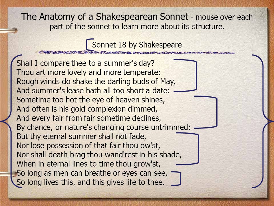The Anatomy of a Shakespearean Sonnet - mouse over each part of the sonnet  to learn more about its structure. Sonnet 18 by Shakespeare Shall I  compare. - ppt video online download