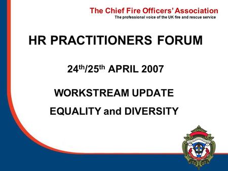The Chief Fire Officers’ Association The professional voice of the UK fire and rescue service HR PRACTITIONERS FORUM 24 th /25 th APRIL 2007 WORKSTREAM.