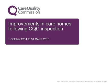 Improvements in care homes following CQC inspection 1 October 2014 to 31 March 2016 Data used in slide deck relates to published re-inspections up to 31.