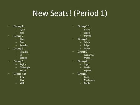 New Seats! (Period 1) Group 1 – Ryan – Joel Group 2 – Clair – Sara – Annalee Group 3 – Brandon – Bo – Bergen Group 4 – Taylor – Christoph – Mitch Group.