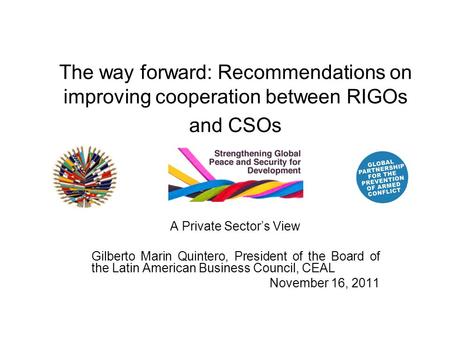 The way forward: Recommendations on improving cooperation between RIGOs and CSOs A Private Sector’s View Gilberto Marin Quintero, President of the Board.
