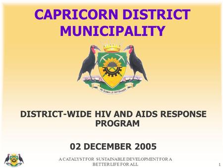 A CATALYST FOR SUSTAINABLE DEVELOPMENT FOR A BETTER LIFE FOR ALL1 CAPRICORN DISTRICT MUNICIPALITY DISTRICT-WIDE HIV AND AIDS RESPONSE PROGRAM 02 DECEMBER.