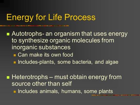 Energy for Life Process Autotrophs- an organism that uses energy to synthesize organic molecules from inorganic substances Can make its own food Includes-plants,