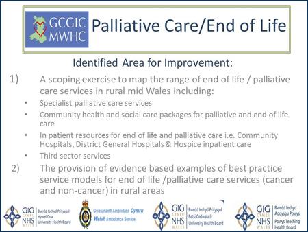 Palliative Care/End of Life Identified Area for Improvement: 1) A scoping exercise to map the range of end of life / palliative care services in rural.