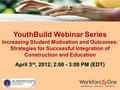 YouthBuild Webinar Series Increasing Student Motivation and Outcomes: Strategies for Successful Integration of Construction and Education April 3 rd, 2012;