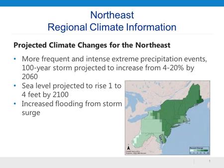 Northeast Regional Climate Information Projected Climate Changes for the Northeast More frequent and intense extreme precipitation events, 100-year storm.