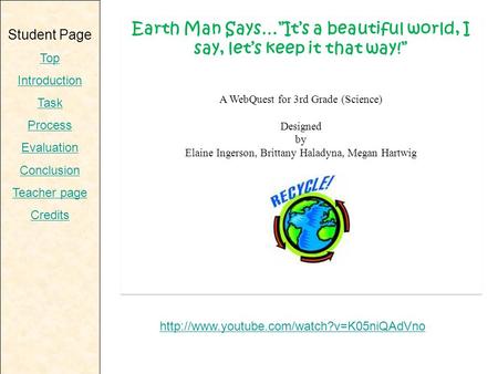 Student Page Top Introduction Task Process Evaluation Conclusion Teacher page Credits Earth Man Says…”It’s a beautiful world, I say, let’s keep it that.