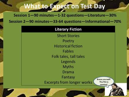 What to Expect on Test Day Session 1—90 minutes—1-32 questions—Literature—30% Session 2—90 minutes—33-64 questions—Informational—70% Brace yourself! The.
