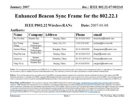 Doc.: IEEE 802.22-07/0022r0 Submission January 2007 Wu Yu-Chun, Huawei HisiSlide 1 Enhanced Beacon Sync Frame for the 802.22.1 IEEE P802.22 Wireless RANs.