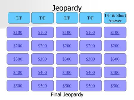 Jeopardy $100 T/F T/F & Short Answer $200 $300 $400 $500 $400 $300 $200 $100 $500 $400 $300 $200 $100 $500 $400 $300 $200 $100 $500 $400 $300 $200 $100.