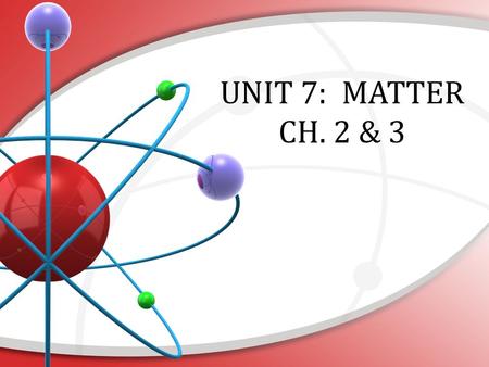 UNIT 7: MATTER CH. 2 & 3. Matter: Important Characteristics Has mass & volume (takes up space) Made of elements – substance cannot be broken down into.