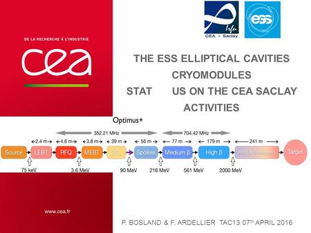 THE ESS ELLIPTICAL CAVITIES CRYOMODULES STAT US ON THE CEA SACLAY ACTIVITIES P. BOSLAND & F. ARDELLIER TAC13 07 th APRIL 2016.