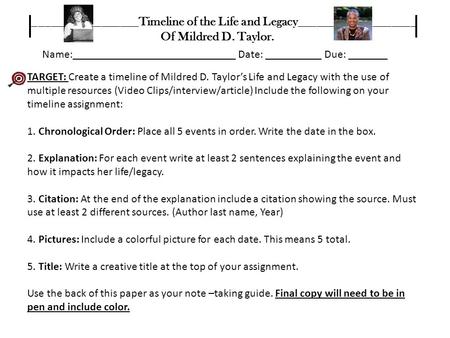 TARGET: Create a timeline of Mildred D. Taylor’s Life and Legacy with the use of multiple resources (Video Clips/interview/article) Include the following.