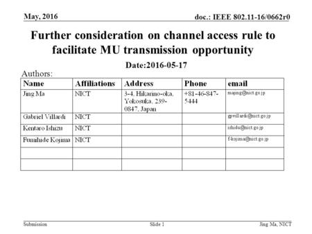 Submission doc.: IEEE 802.11-16/0662r0 May, 2016 Jing Ma, NICTSlide 1 Further consideration on channel access rule to facilitate MU transmission opportunity.