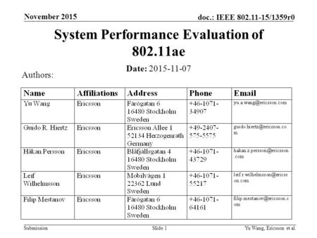 Submission doc.: IEEE 802.11-15/1359r0 November 2015 Yu Wang, Ericsson et al.Slide 1 System Performance Evaluation of 802.11ae Date: 2015-11-07 Authors: