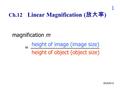 1 2016/6/13 Ch.12 Linear Magnification ( 放大率 ) magnification m = height of image (image size) height of object (object size)