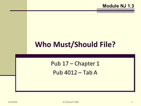 6/13/2016NJ Training TY 20081 Who Must/Should File? Pub 17 – Chapter 1 Pub 4012 – Tab A Module NJ 1.3.