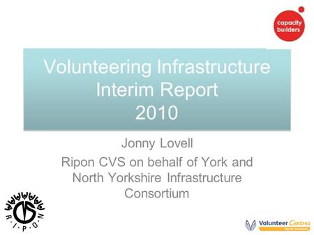 Volunteering Infrastructure Interim Report 2010 Jonny Lovell Ripon CVS on behalf of York and North Yorkshire Infrastructure Consortium.