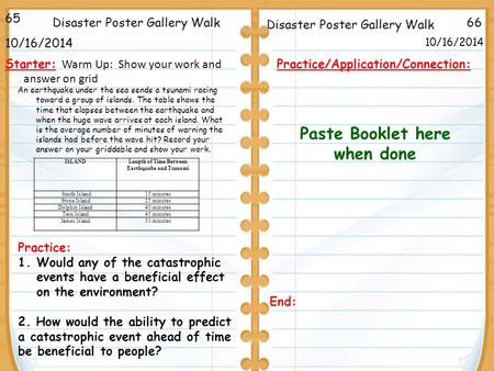 66Disaster Poster Gallery Walk 10/16/2014 65 10/16/2014 Starter: Warm Up: Show your work and answer on grid Practice/Application/Connection: Practice: