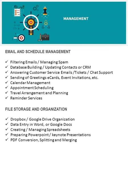 EMAIL AND SCHEDULE MANAGEMENT Filtering Emails / Managing Spam Database Building / Updating Contacts or CRM Answering Customer Service Emails /Tickets.