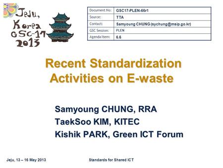 Jeju, 13 – 16 May 2013Standards for Shared ICT Recent Standardization Activities on E-waste Recent Standardization Activities on E-waste Samyoung CHUNG,