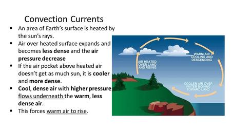 Convection Currents  An area of Earth’s surface is heated by the sun’s rays.  Air over heated surface expands and becomes less dense and the air pressure.