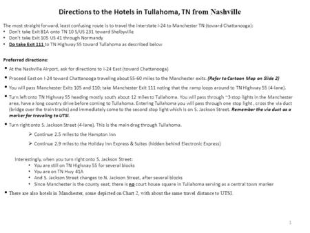 Directions to the Hotels in Tullahoma, TN from Nashville The most straight forward, least confusing route is to travel the interstate I-24 to Manchester.