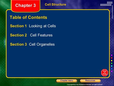 Copyright © by Holt, Rinehart and Winston. All rights reserved. ResourcesChapter menu Cell Structure Chapter 3 Table of Contents Section 1 Looking at.