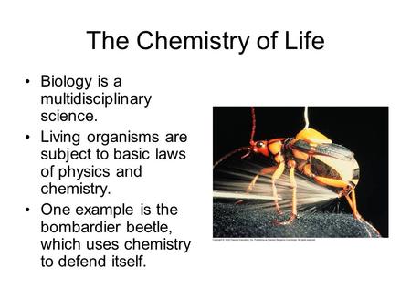 The Chemistry of Life Biology is a multidisciplinary science. Living organisms are subject to basic laws of physics and chemistry. One example is the bombardier.