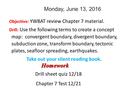 Monday, June 13, 2016 Objective: YWBAT review Chapter 7 material. Drill: Use the following terms to create a concept map: convergent boundary, divergent.