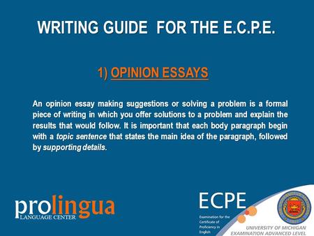 An opinion essay making suggestions or solving a problem is a formal piece of writing in which you offer solutions to a problem and explain the results.