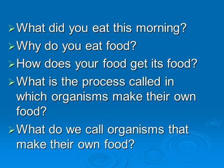  What did you eat this morning?  Why do you eat food?  How does your food get its food?  What is the process called in which organisms make their own.