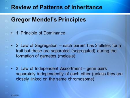 Review of Patterns of Inheritance Gregor Mendel’s Principles 1. Principle of Dominance 2. Law of Segregation – each parent has 2 alleles for a trait but.