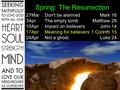 Spring: The Resurrection 27MarDon't be alarmedMark 16 3AprThe empty tombMatthew 28 10AprImpact on believersJohn 14 17AprMeaning for believers1 Corinth.
