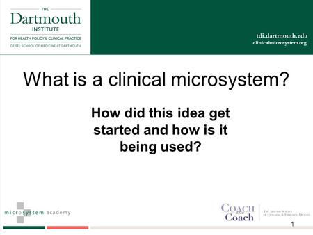 Clinicalmicrosystem.org What is a clinical microsystem? How did this idea get started and how is it being used? 1.