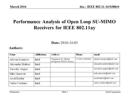 Performance Analysis of Open Loop SU-MIMO Receivers for IEEE ay