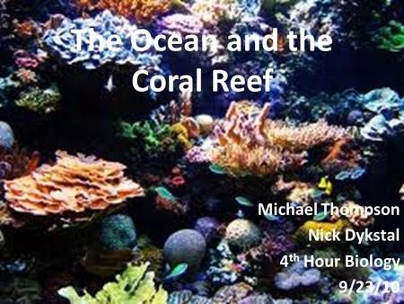 The Ocean and the Coral Reef Michael Thompson Nick Dykstal 4 th Hour Biology 9/23/10.