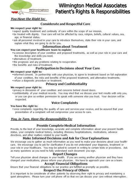 Wilmington Medical Associates Patient’s Rights & Responsibilities You Have the Right to: Considerate and Respectful Care We respect your right to: expect.