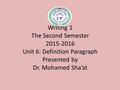 Writing 1 The Second Semester 2015-2016 Unit 6: Definition Paragraph Presented by Dr. Mohamed Sha’at.