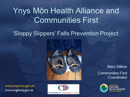 Ynys Môn Health Alliance and Communities First ‘Sloppy Slippers’ Falls Prevention Project Mary Sillitoe Communities First Coordinator.