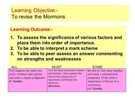 Learning Objective:- To revise the Mormons Learning Outcome:- 1.To assess the significance of various factors and place them into order of importance.