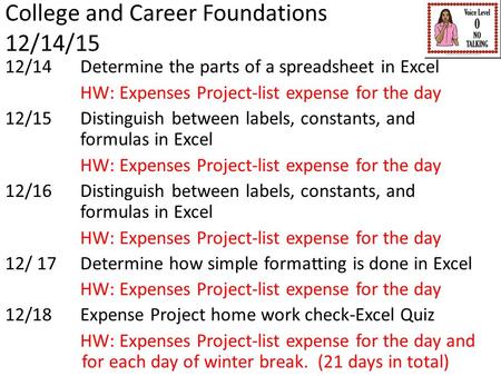 College and Career Foundations 12/14/15 12/14 Determine the parts of a spreadsheet in Excel HW: Expenses Project-list expense for the day 12/15Distinguish.