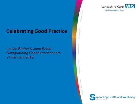 Network Name Celebrating Good Practice Louise Burton & Jane Bhatti Safeguarding Health Practitioners 24 January 2012.