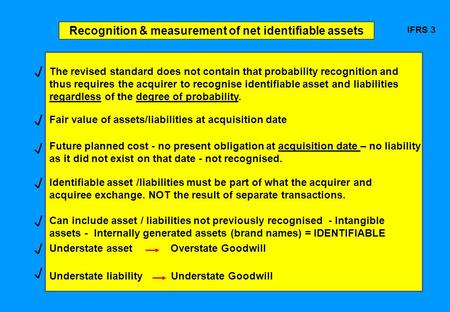 Recognition & measurement of net identifiable assets IFRS 3 The revised standard does not contain that probability recognition and thus requires the acquirer.