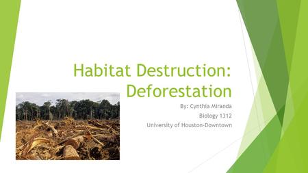 Habitat Destruction: Deforestation By: Cynthia Miranda Biology 1312 University of Houston-Downtown.