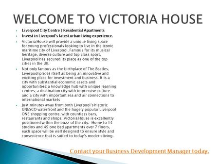  Liverpool City Centre | Residential Apartments  Invest in Liverpool’s latest urban living experience.  Victoria House will provide a unique living.