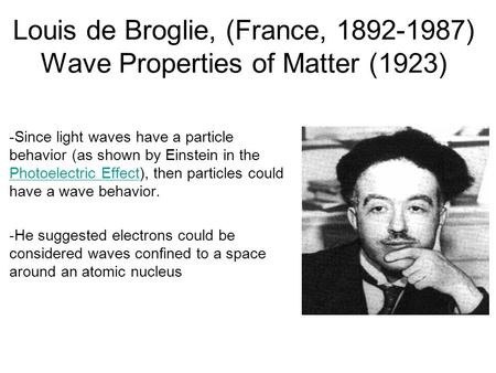 Louis de Broglie, (France, 1892-1987) Wave Properties of Matter (1923) -Since light waves have a particle behavior (as shown by Einstein in the Photoelectric.