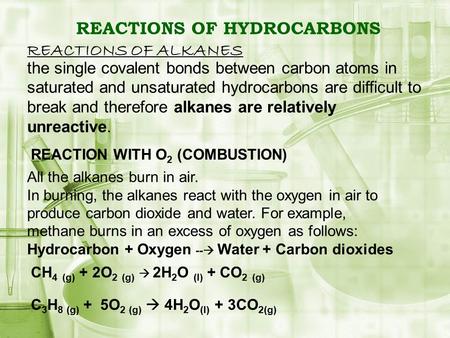 REACTIONS OF HYDROCARBONS REACTIONS OF ALKANES the single covalent bonds between carbon atoms in saturated and unsaturated hydrocarbons are difficult to.