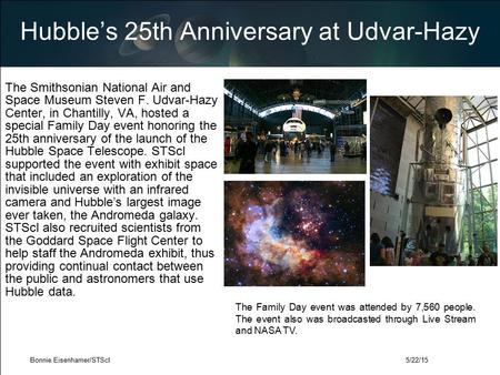 Hubble’s 25th Anniversary at Udvar-Hazy The Smithsonian National Air and Space Museum Steven F. Udvar-Hazy Center, in Chantilly, VA, hosted a special Family.